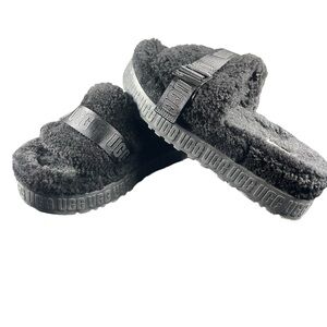 Ugg Sandals Womens 9 Fluffita Black Shearling Platform Buckle Logo Strap Slides